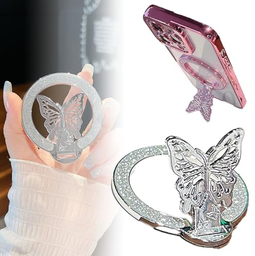 Butterfly Bling Magnetic Phone Ring Holder for MagSafe,Cellphone Support Metal Ring Holder Finger Grips for All Smartphones (silver)