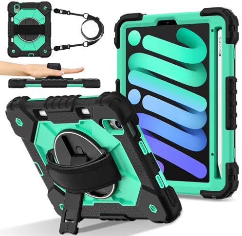 Voyage sur tablette Étui compatible avec iPad Mini 7 (A17 Pro) 2024/Mini 6 8,3 pouces 2021 avec porte-crayon, support de poignée multifonction rotatif à 360 degrés + bandoulière, étui de protection an