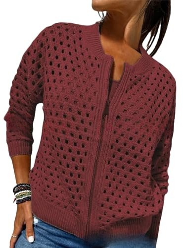Whimsyard Giacca da donna lavorata a maglia con cerniera e ritagli, cardigan da donna con cerniera all'uncinetto, top in maglia traforata, top lavorato a maglia all'uncinetto, Rosso vinaccia, 3XL