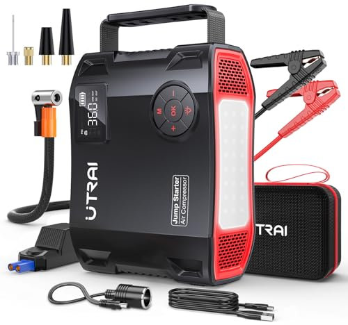 UTRAI 7000A Starthilfe Powerbank für Pkw, 27000mAh Booster Auto Starthilfe Powerbank mit Kompressor, 1600 Lumen LED Taschenlampe, QC3.0, 160W DC-Ausgang, Jump Starter für All Benzin, 12L Dieselmotor