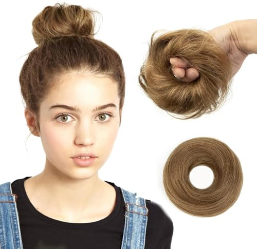 ISHEENY Echthaar Dutt Haarteil Haarteile Dutt Zopf Mit Gummiband, Goldbraun Hochsteckfrisuren Haarverlängerung Glatt Bun Für Damen 40g