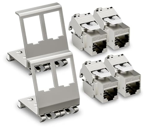FGB 10Gbps 4x CAT 7 Keystone Jack Modul mit 2x 2-Port Hutschienenadapter | Werkzeuglos LSA - Metall STP Schirmung RJ45 Buchse Snap-In Montage für 35mm Hutschienen - Ethernet LAN Netzwerk Switch