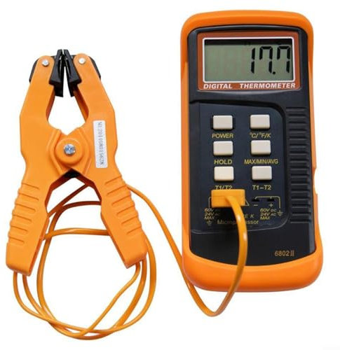 Zeroupshop Dual Channel K Type Digital Thermocouple Thermometer 6802 II with Pipe Clamp & 2 K-Type Sensors, -50°C to 1300°C Range, LCD Display, Data Hold for HVAC