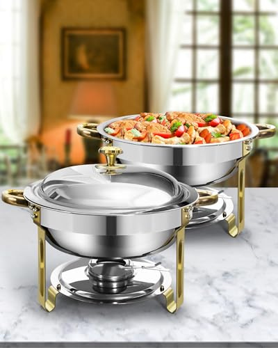 WENMILY Chafing Dish for Buffet Set 5L,2 Packs Buffet Servers and Warmers Set with Lid Holder, Gold and Silver Stainless Steel Round Chafers for Catering, Food Warmers for Any Party, Dinners, Wedding