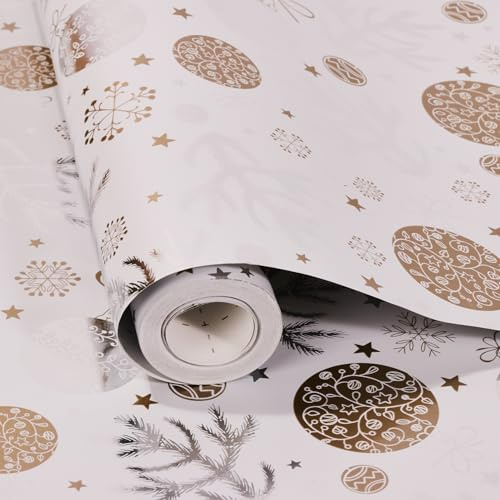 Christmas Wrapping Paper Roll,43cm x 12m Xmas Gift Wrapping Paper,Metallic Wrap paper with Snowflake Xmas Tree Pattens for Christmas,Party,Festive Decorations (White)