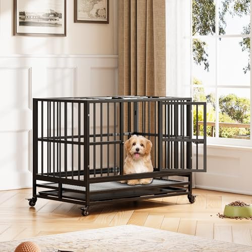 Hundekäfig hochbelastbar, Hundekäfig Transportbox Schwerlast mit 2 Türen, 94x58.5x74.8cm Hundebox Große Hunde mit Herausnehmbares, Metall Hundezwinger mit 4 Rädern für Kleine Mittelgroße Große Hunde