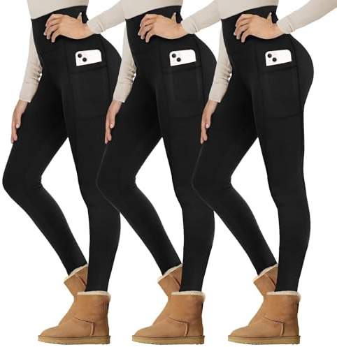 Gayhay Thermo Leggings Damen Gefütterte Winter mit Taschen für Sport Yoga | High Waist Thermohose Warm Fleecehose Blickdicht Thermounterwäsche Strumpfhose Winterkleid