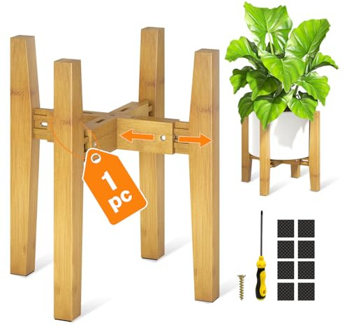 VASZOLA Verstellbarer Pflanzenständer aus Bambus für Einzelne Große Pflanzgefäße im Innenbereich, Robuster Bodentopfhalter für 20 bis 30 cm, Mid-Century-Stil, Erhöht für Blumen, Walnuss, 1 Packung