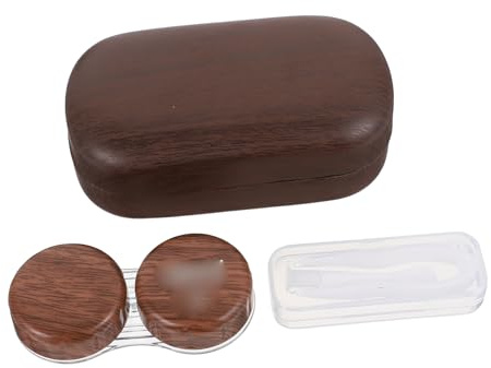 Veemoon Portable Leak-Proof Brown Contact Lens Case with Plastic Body and Leather Lining, Lightweight Lens Box with Clip, Suction Stick, and Small Mirror for Travel and Daily Use