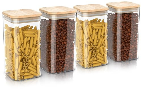 Arendo - Vorratsbehälter mit Deckel -1650ml - 4er Set - Behälter aus Glas – hitzebeständig – Vorratsgläser mit Bambusdeckel - luftdicht - für Müsli Zucker Mehl Kaffee Reis
