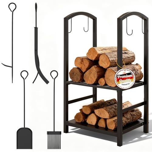 Kidsgigglz Étagère à bois en métal avec 4 outils de cheminée, Range-Bûches à double couche pour chauffage intérieur extérieur, support à bois de chauffage, Porte-Bûches pour cheminée et poêle