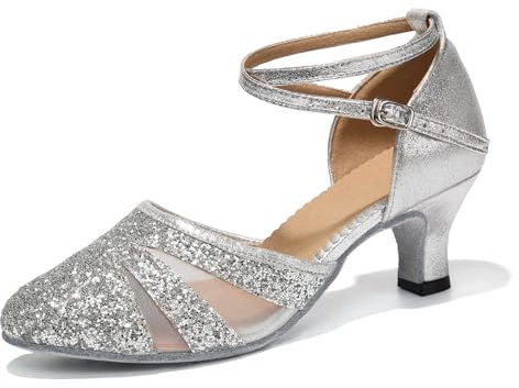 HIPPOSEUS Women's Latin Dance Shoes Silver Sequins Closed Toe Ballroom Modern Tango Dance Performance Shoes Suede Sole 2 Heel,5 UK