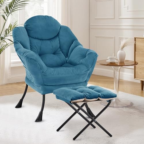 XH.Easy Go Lazy Chair mit Ottomane, Sessel Wohnzimmer Ohrensessel mit Hocker, Lesesessel Bequem Armchair Lounge Sessel mit Fußhocker, Relaxstuhl Relaxsessel mit Fußstütze, Seitentasche, Blau