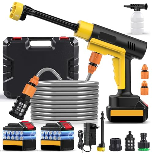 Teodute 21V Idropulitrice a Batteria, Idropulitrice Portatile, 3 Ugello Regolabile 6 in 1 Stadi Doppia Batteria 130Bar con 5M Tubo Flessibile per Auto Patio Giardino Pulizia Pavimenti