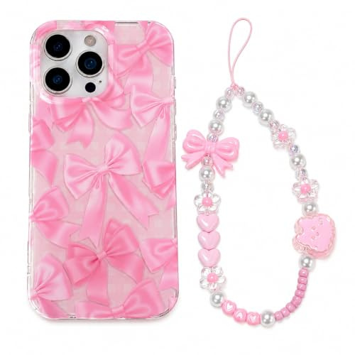 xoniery Compatible with iPhone 14 Pro Max Case with Cute Kawaii Bowknot Pattern Case for Girls Women with Chain Wrist Strap Ribbon Design TPU Bumper Shockproof Protective Cover - Pink