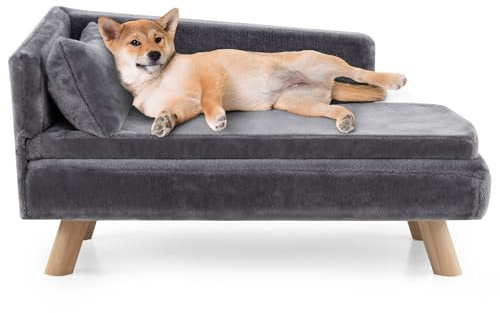 COSTWAY Cuccia per Cani da Interno di Taglia Grande, Divano per Cani Imbottito con Cuscino Rimovibile e Bracciolo, Letto per Animali Rialzato con Gambe in Legno e Schienale, Portata 50 kg (Grigio)