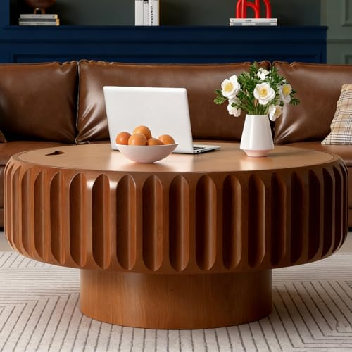 Wxnnx Round Coffee Table with Lift Top & Hidden Storage Handcrafted Solid Wood Fluted MDF Core with Wood Veneer Modern Rustic Accent Sofa Table for Apartment, Living Room, Bedroom, Balcony (80)