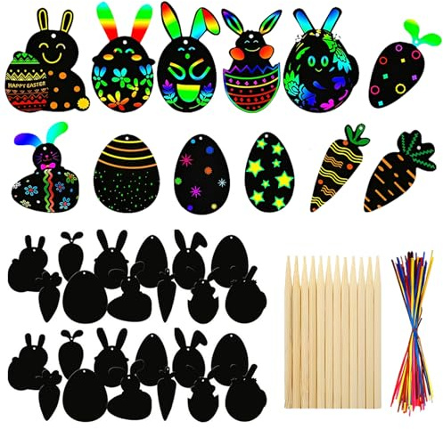 36 Stück Ostern Kratzbild, Osterdeko zum Basteln, Bastelset Ostern, Kaninchen Karottenei Ostereier Küken und Blümchen Bastelset, Kratzbilder Kinder, für Oster Anhänger Dekoration DIY Handwerk
