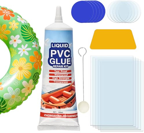 VETIXLO PVC Reparaturset 100ML, Pool Reparaturset Wasserdicht mit 15 Flicken & Werkzeugen, PVC Kleber für Pool, Luftmatratze, Schlauchboot, Kajak, Whirlpool, Flickzeug Luftmatratze Transparent