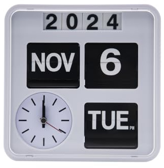 OUSEITECH Retro Modern Flip Desk Wall Clock, 7.08 inch Square Calendar with Year Month Date Day Week Display Dual Use Home Office Decor No Battery Included (18cm white)