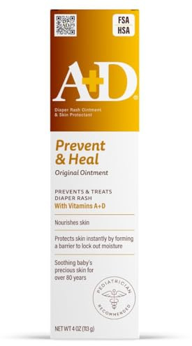 A+D Original Diaper Rash Ointment Prevents & Treats Diaper Rash, Moisturizing Skin Protectant with Vitamins A & D, Healing Skin Ointment for Dry and Cracked Skin 4oz