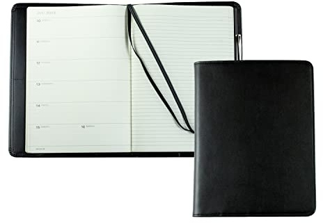 DELMON VARONE - Personalisierbares Kalenderbuch 2027 DIN B5 Boxcalf Leder schwarz - Organizer Buch-Kalender (1 Woche 1 Seite) im Hardcover - Notizbuch Kalender Stiftschlaufe, Fächer & Merkband
