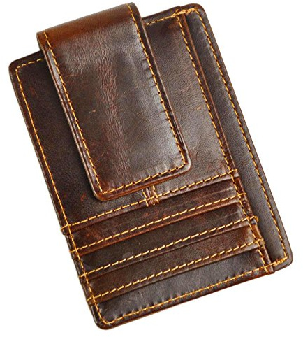 Le’aokuu Herren Echtes Leder Geldbörse Brieftasche Dollar Clip Geldklammer Schlanke Geldbeutel Portemonnaie 1015 (1015 RFID Kaffeebraun 1)