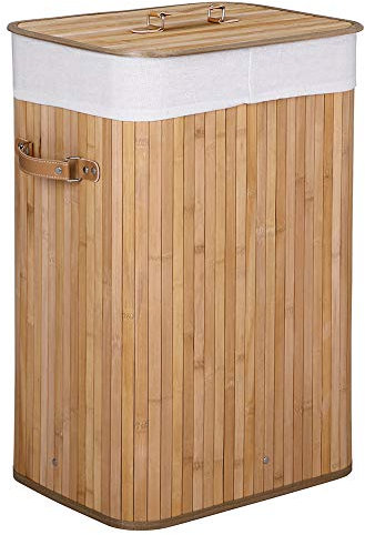 Bakaji Cesto Biancheria Sporca Portabiancheria Casa in Legno di Bambù e Tessuto Contenitore Pieghevole Salvaspazio con Coperchio e Manici Capacità 70lt Dimensione 40 x 30 x 60 cm (Naturale)