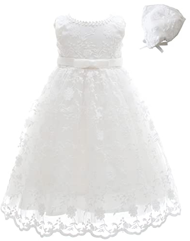 Meiqiduo Baby Girls Lace Christening Baptism Gowns Dresses with Bonnet