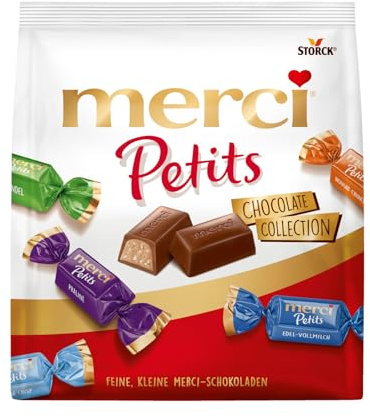 merci Petits Chocolate Collection, Schokopralinen-Mix - 1 x 200 g | Pralinen in 7 Sorten, gefüllte & gefüllte Schokoladen-Spezialitäten, einzeln verpackt, ideal zum Verschenken & Teilen