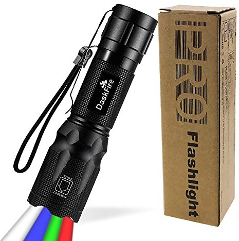 DaskFire Lampe Torche 4 en 1 Super Bright 900 Lumen Rouge & Vert Lumière Bleue Lampe de Poche Multifonctionnelle Poche Réglable Focus Imperméable Torche de Poche