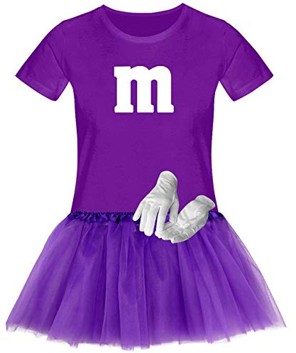 T-Shirt M&M + Tüllrock Karneval Gruppenkostüm Schokolinse 11 Farben Damen XS-3XL Fasching Verkleidung M's Fans Tanzgruppe, Gr.:L, Farbauswahl:lila - Logo Weiss (+Handschuhe Weiss/Tütü lila)