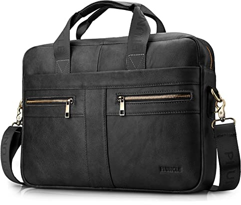 BAGZY Herr äkta läder Laptopportfölj Axelväska Messenger Handväska Sling Crossbody Business Document Bag Satchel School Ryggsäck 15,6 tum Laptopväska för kontorsarbete Travel College Svart