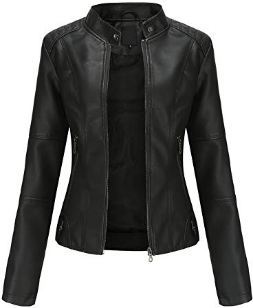YYNUDA Lederjacke Damen Kurz Jacke Übergangsjacke aus Kunstleder mit Reißverschluss für Herbst（Schwarz XL）