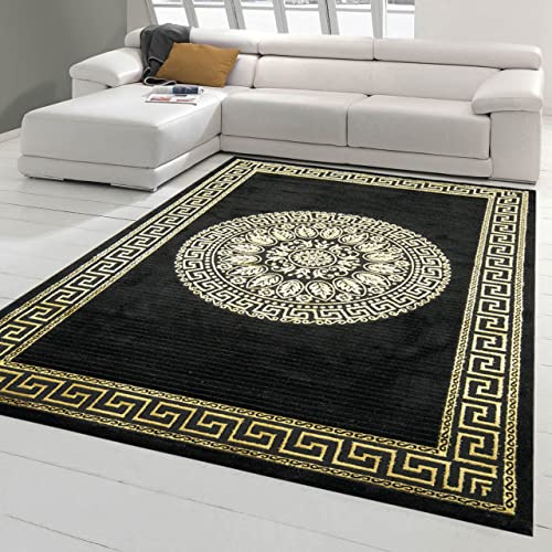 Teppich-Traum stilvoller Wohnzimmerteppich | Mäander Muster in schwarz Gold, Größe 240 x 340 cm