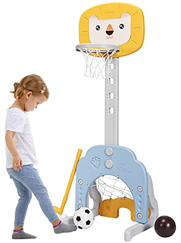 DREAMADE Panier de Basketball pour Enfants 3-en-1 avec But de Foot et Clubs de Golf, Support de Basket Réglable en Hauteur de 77 CM à 116 CM avec Basket/Football/Golf, Enfants 2 Ans+ (Lion, Jaune)