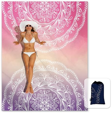 Sunlit Seidig weiche, sanddichte Boho-Stranddecke, sanddicht, Matte mit Ecktaschen und Netztasche für Strandparty, Reisen, Camping und Outdoor-Musikfestival, lila und rotes Mandala, 269,2 x 205,7 cm