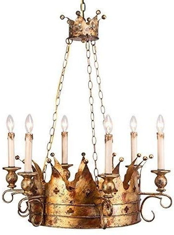 OZZKI Pendelleuchte Vintage Dekoration König Krone Kandelaber Kronleuchter Märchen Design Goldene Metall Decke Hängelampe Innen 6-Licht Restaurant Droplight Kücheninsel Hängelaterne Unterputzbefestigu
