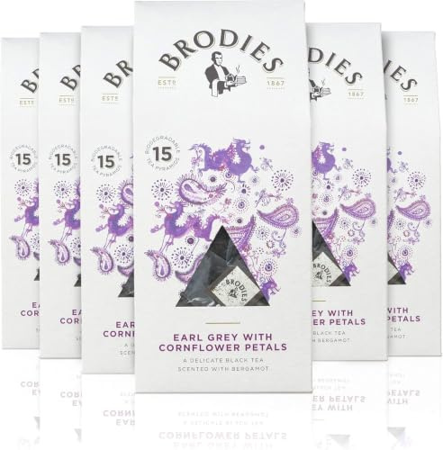Brodies - Earl Grey With Cornflower Petal Tea in Biodegradable Pyramid Bags - 100% Natural Eco-Friendly and Sustainably Sourced - 6 Boxes Of 15 Tea Bags - Total Of 90 Plastic Free Pyramid Teabags