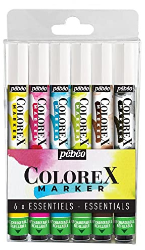 Pebeo - Colorex bläckmarkör set med 6- Colorex akvarellbläck - grundfärger - Multi-verktyg teckning alla hållare - markör - grundgul, magenta, cyan, vårgrön, sepia, elfenben svart