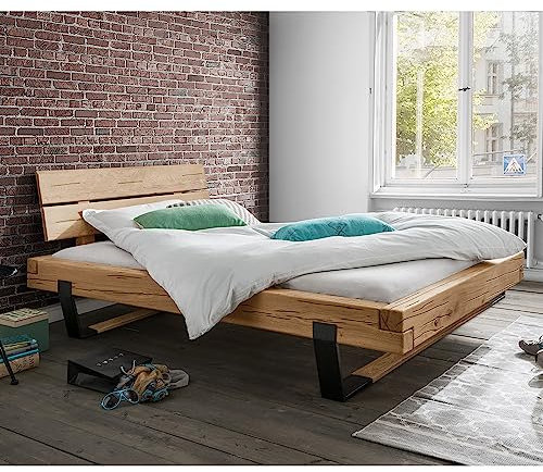 Lomadox Doppelbett Ehebett Bett Echtholz Massivholz, 140x200 cm, Eiche massiv, Holzkopfteil, Schwarze Metallkufen mit Massivholzeinsatz, B/H/T ca. 158/88/228 cm
