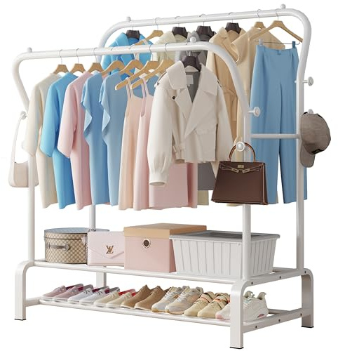 SMILOVII Portant à Vêtements Robuste en Métal, Double Tringle avec 4 Crochets Latéraux, 2 Étagères à Chaussures, Porte-Vêtements Multifonction pour Chambre, Bureau, Intérieur - Blanc