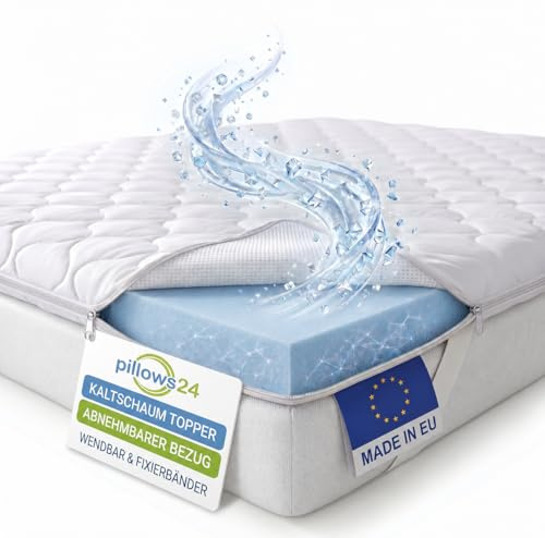 Pillows24 - Topper 140x200cm aus Kaltschaum - 6cm hoch - Matratzentopper mit abnehmbarem Bezug | Wendbar & Fixierbänder | Made in EU - Matratzenauflage | Matratzen Topper für jedes Bett