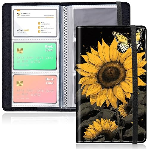 Qindaiwen Business Card Organizer, 240 Cards Business Cards Holder, Portable Business Card Binder for Men or Women, Credit Card Organizer, Business Card Book, Sunflower 03