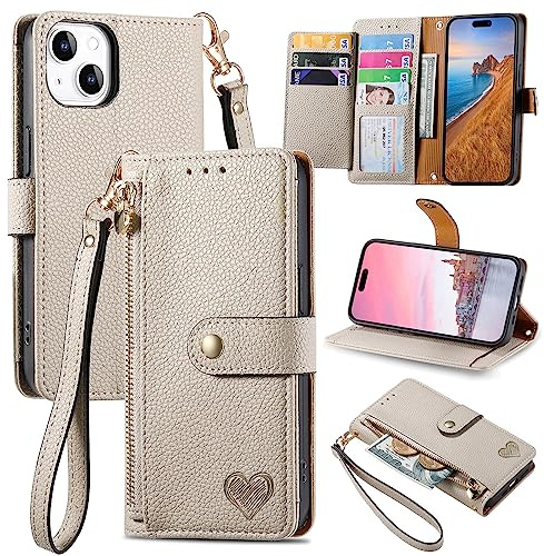 VEEMOS Handyhülle für Apple iPhone 14 Hülle Klappbar Klapphülle Schutzhülle mit Kartenfach RFID Reißverschluss Handy Tasche Leder Flip Case Cover Handytasche Frauen - Grau