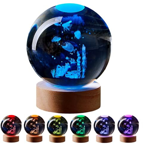 Conalisk 3D Underwater World Crystal Ball Lamp,Lifelike LED Fish Crystal Night Light,16 Colors Changing Light,Dimmable Remote Control,Desk Ocean Lamp (N)