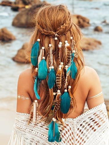 Fashband Fascia per capelli indiana con piume, stile bohémien, hippie, tribale, con perline, per festival, feste, accessori per capelli per donne e ragazze