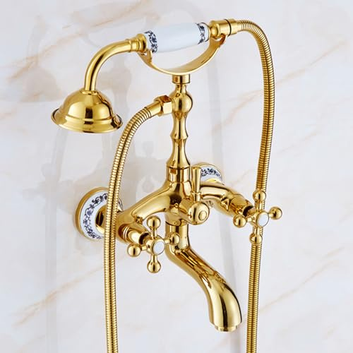 BiaoTeng Badewanne Armatur Retro Antike Gold Doppelter Kreuzgriff 2 Funktionen Badewannenarmatur Wandmontage Wasserhahn Badewanne Retro Vintage, A