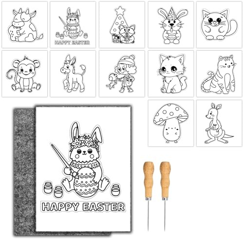 Niserelesa Children's Pricking Needle Set, Creative Kit for Kids from 5 Years, Includes 2 Felts, 2 Needles & 12 Embroidery Pictures, Safe & Designed for Ages 5 and Up