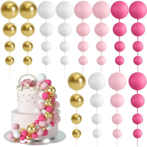 BOUBONI 48 Pz Palline Cake Topper Decorazioni Schiuma Cupcake Topper Palline Decorazioni per Torta Compleanno per Feste di Compleanno Matrimonio Anniversario (Rosa Rossa, Rosa, Bianca, Oro)